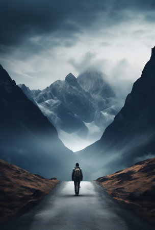 Solitary Journey: Man Walking on the Road to the Majestic Mountains. Generative ai. High quality illustrationの素材