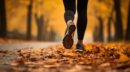 Autumn Jogging: Close-Up on Runner's Shoes Amongst Fallen Leaves. Generative ai. High quality illustrationの素材