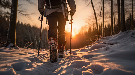 Winter Trekking: Close-Up of Hiker's Snowy Boots with Trekking Poles. Generative ai. High quality illustrationの素材