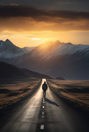 Solitary Journey: Man Walking on the Road to the Majestic Mountains. Generative ai. High quality illustrationの素材