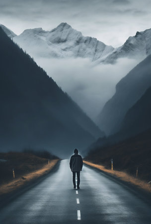 Solitary Journey: Man Walking on the Road to the Majestic Mountains. Generative ai. High quality illustrationの素材