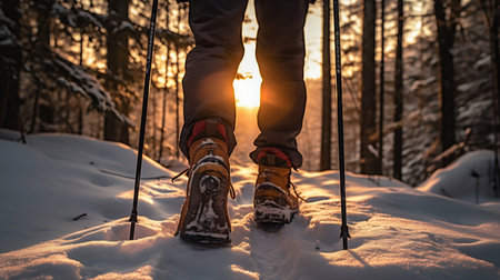 Winter Trekking: Close-Up of Hiker's Snowy Boots with Trekking Poles. Generative ai. High quality illustrationの素材