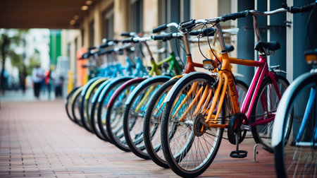 Colorful Bicycles Parked in a Row on Urban Sidewalk. Generative ai. High quality illustrationの素材