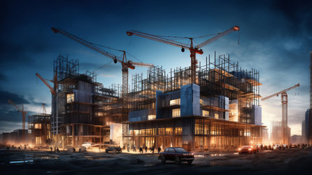 Sunset Silhouettes: Cranes Over Construction Site. Generative ai. High quality illustrationの素材