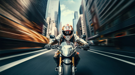 Motorcyclist Speeding Through Urban Cityscape. Generative ai. High quality illustrationの素材