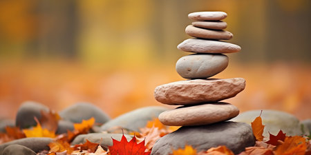 Zen Stones in Autumn Harmony. Generative ai. High quality illustrationの素材