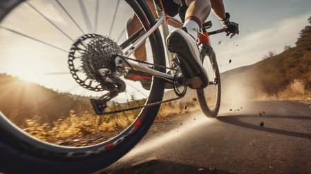 Dynamic Cycling Race Close-up on Sunset. Generative ai. High quality illustrationの素材