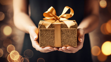 Elegant Gift Box with Ribbon in Female Hands. Generative ai. High quality illustrationの素材