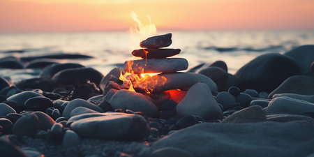 Zen Stones with Flames on the Beach at Sunset. Generative ai. High quality illustrationの素材