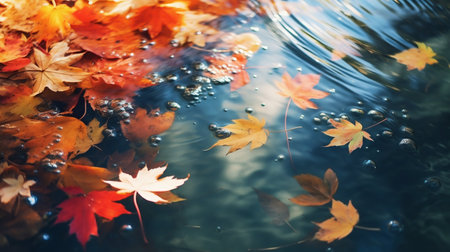 Autumn Leaves Floating on Serene Pond Water. Generative ai. High quality illustrationの素材