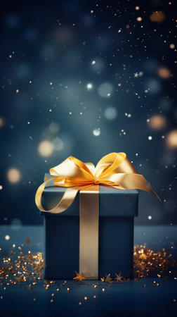Elegant Festive Gift Box with Golden Ribbon on Starry Background. Generative ai. High quality illustrationの素材