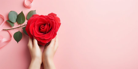 Romantic Rose and Heart Gift Box on Pink Background. Generative ai. High quality illustrationの素材