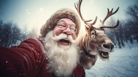 Cheerful Santa Claus with a Laughing Reindeer selfie in a Snowy Landscape. Generative ai. High quality illustrationの素材
