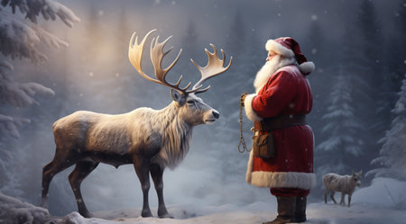 Santa Claus with a Majestic Reindeer in Snowy Forest. Generative ai. High quality illustrationの素材