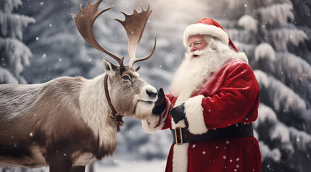 Santa Claus with a Majestic Reindeer in Snowy Forest. Generative ai. High quality illustrationの素材