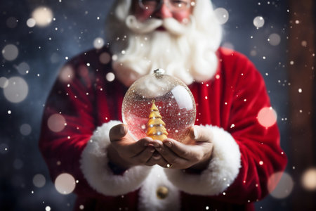 Santa Claus Holding a Snowy Christmas Ornament. Generative ai. High quality illustrationの素材