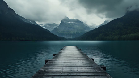 Misty Lake Pier Leading into the Mountains. Generative ai. High quality illustrationの素材