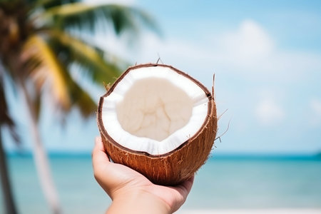 Fresh Coconut in Hand with Tropical Beach Background. Generative ai. High quality illustrationの素材