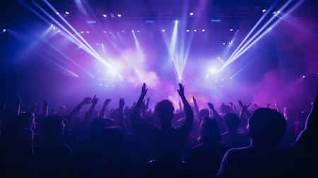 Euphoric Crowd at a Vibrant Neon Music Concert. Generative ai. High quality illustrationの素材