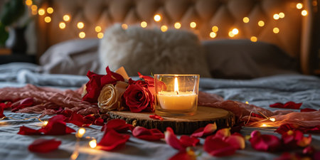 Candlelit Romance with Red Roses on Bed. Generative ai. High quality illustrationの素材