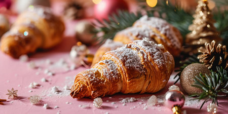 Festive Croissants with Christmas Decorations on Pink Background. Generative ai. High quality illustrationの素材