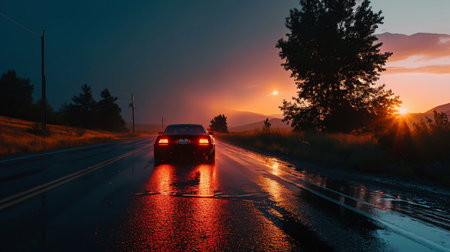 Mystic Journey: Car on a Foggy Road at Night. Generative ai. High quality illustrationの素材