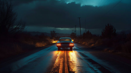 Mystic Journey: Car on a Foggy Road at Night. Generative ai. High quality illustrationの素材