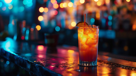 Neon Glow Cocktail on Bar Counter. Generative ai. High quality illustrationの素材