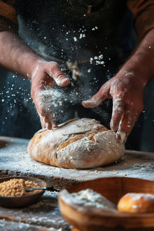 Artisan Baker Preparing Fresh Bread with Flour Dusting. Generative ai. High quality illustrationの素材