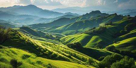 Serene Tuscan Hills at Sunrise. Generative ai. High quality illustrationの素材