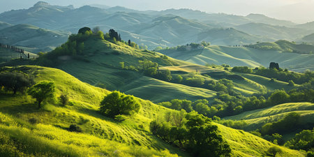 Serene Tuscan Hills at Sunrise. Generative ai. High quality illustrationの素材
