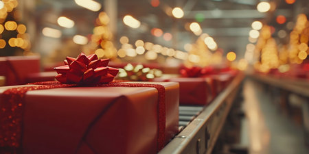 Conveyor Belt of Christmas Gifts in Festive Factory. Generative ai. High quality illustrationの素材