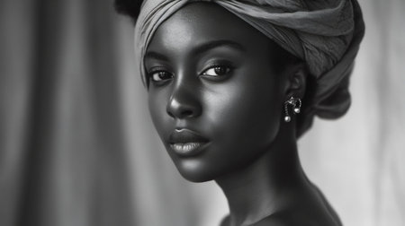 Monochrome Portrait of a Young African Woman with Traditional Headwrap. Generative ai. High quality illustrationの素材