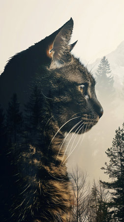 Mystical Feline Silhouette with Mountain Forest Landscape. Generative ai. High quality illustrationの素材