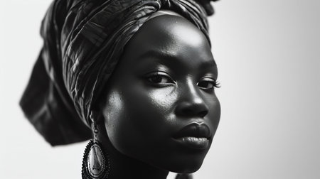 Monochrome Portrait of a Young African Woman with Traditional Headwrap. Generative ai. High quality illustrationの素材