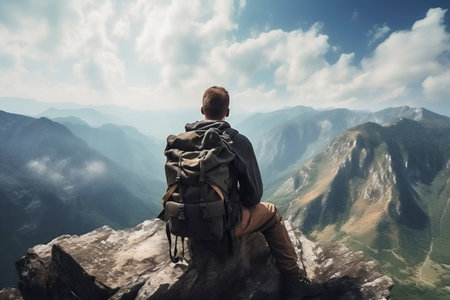 Explorer at the Summit: Overlooking Vast Mountain Ranges. Generative ai. High quality illustrationの素材