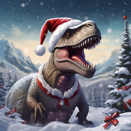 Festive Tyrannosaurus Rex in Santa Hat Celebrating Christmas. Generative ai. High quality illustrationの素材