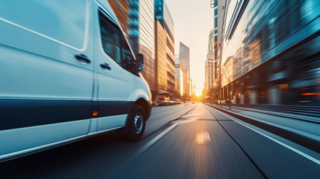 Speeding Delivery Van in Urban Cityscape. Generative ai. High quality illustrationの素材