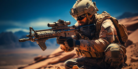 Futuristic Soldier in Combat Gear Aiming Rifle in Desert. Generative ai. High quality illustrationの素材