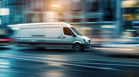 Speeding Delivery Van in Urban Cityscape. Generative ai. High quality illustrationの素材
