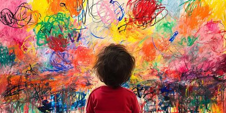 Child Contemplating Colorful Abstract Painting. Generative ai. High quality illustrationの素材