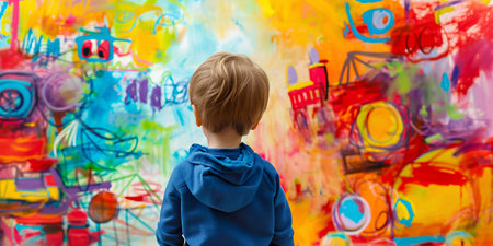Child Contemplating Colorful Abstract Painting. Generative ai. High quality illustrationの素材