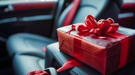 Gift Box on a Car Seat, Concept of Surprise and Generosity. Generative ai. High quality illustrationの素材