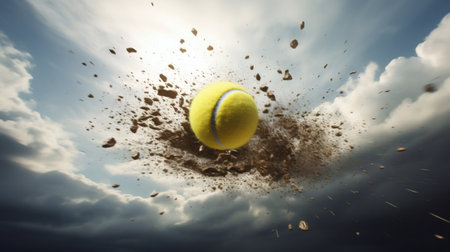 Tennis Ball in Dynamic Motion with Clay Explosion. Generative ai. High quality illustrationの素材