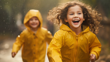 Joyful Children Playing in the Rain. Generative ai. High quality illustrationの素材
