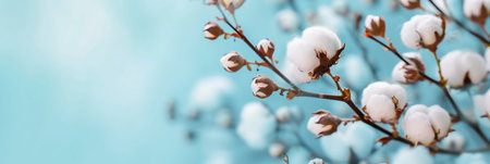 Cotton Branches on a Soft Blue Background. Generative ai. High quality illustrationの素材