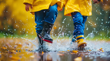 Children Splashing in Puddles on Rainy Day. Generative ai. High quality illustrationの素材