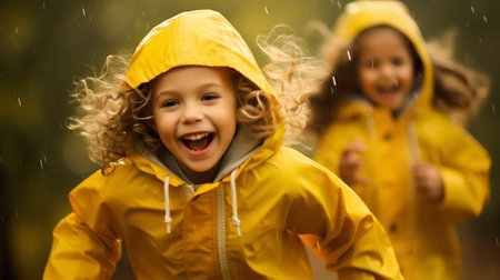 Joyful Children Playing in the Rain. Generative ai. High quality illustrationの素材