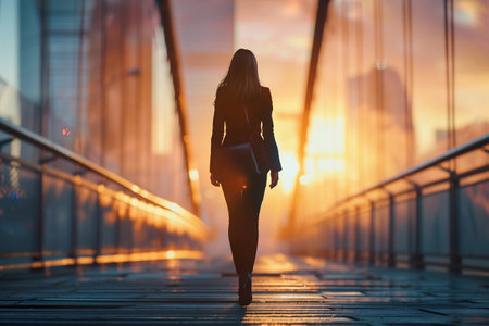 Silhouette of a Businesswoman Crossing the Bridge at Sunrise and Sunset. Generative ai. High quality illustrationの素材