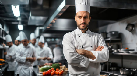 Professional Chef in a Busy Restaurant Kitchen. Generative ai. High quality illustrationの素材